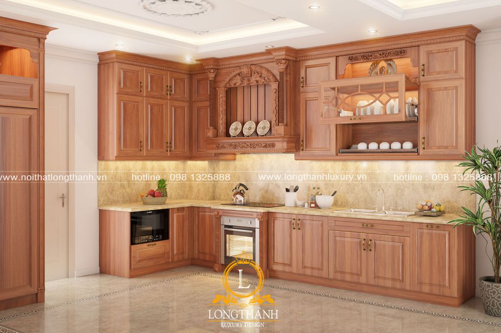 Tủ bếp tân cổ điển gỗ Gõ tự nhiên – xu hướng thiết kế phòng bếp mới nhất thị trường