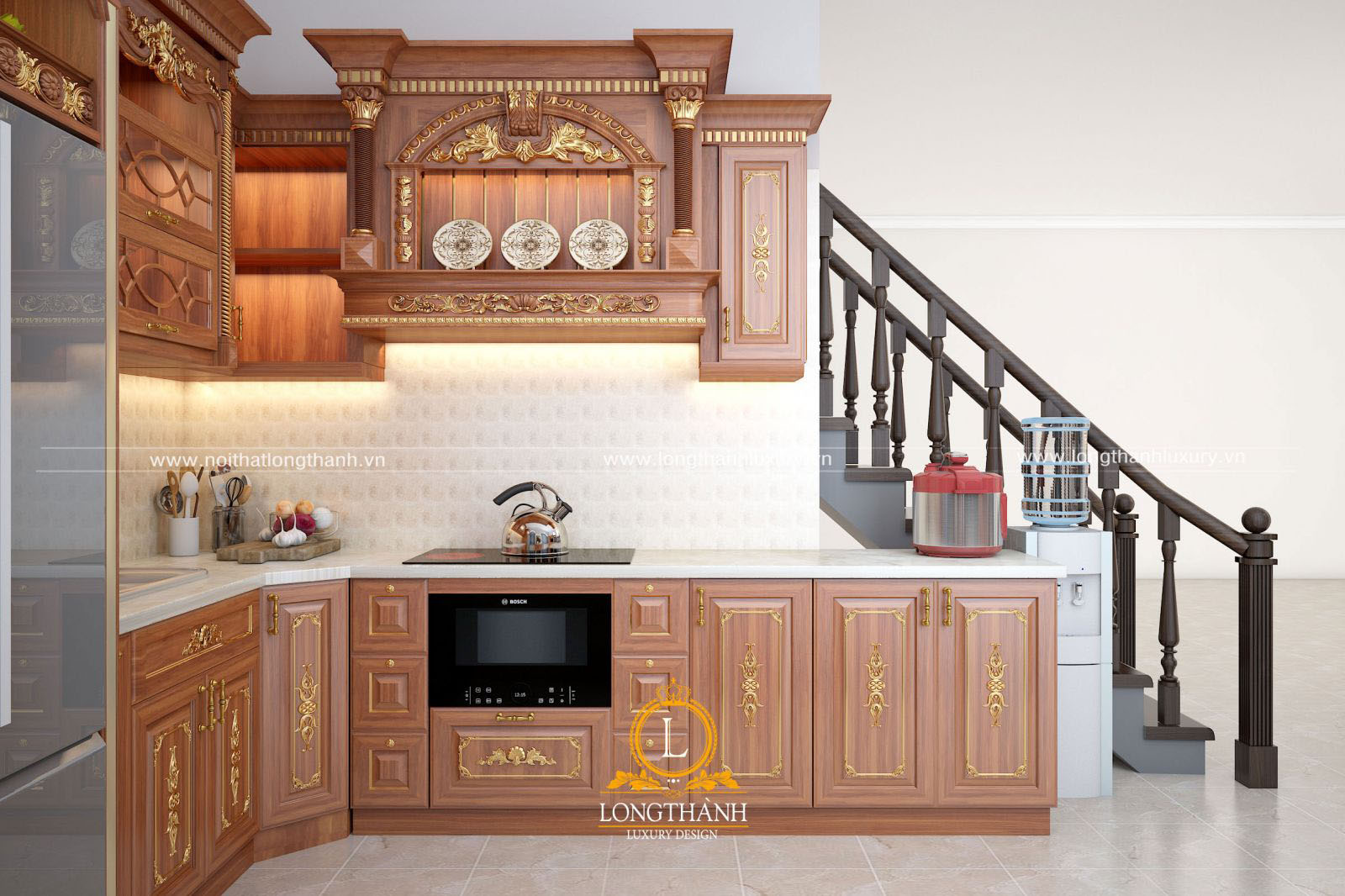 Thiết kế tủ bếp tân cổ điển mạ vàng cho nhà biệt thự theo hình chữ L