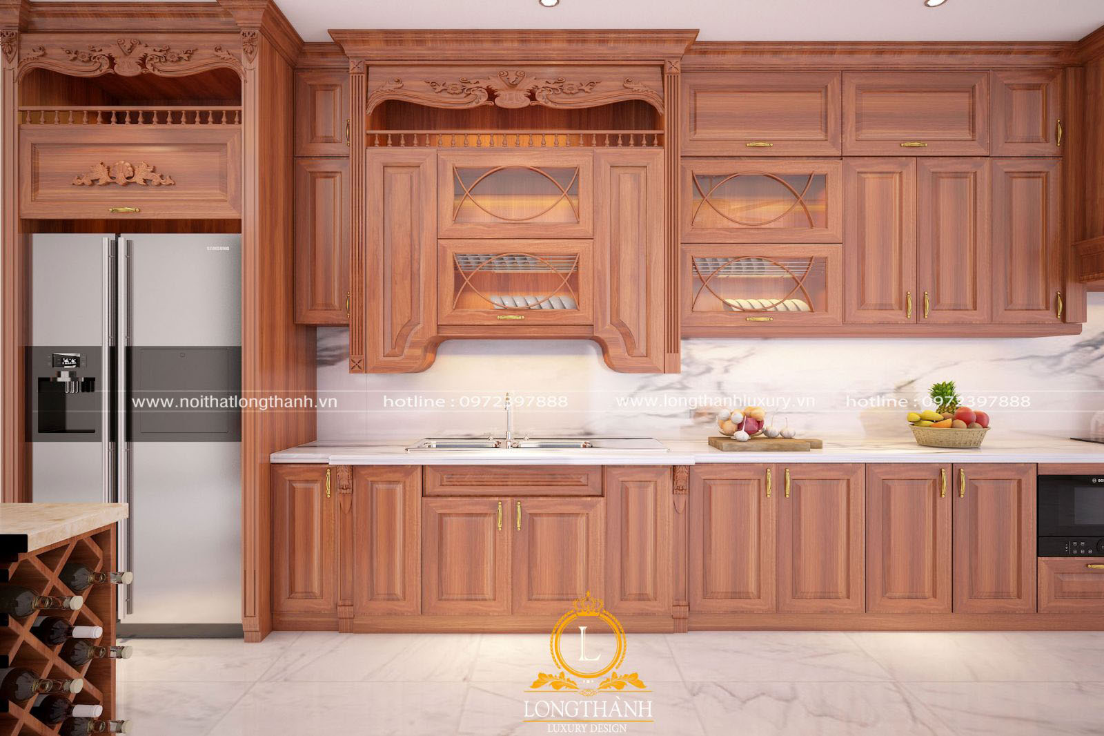 Tủ bếp gỗ kết hợp mặt đá tạo nên sự đẳng cấp cho không gian bếp