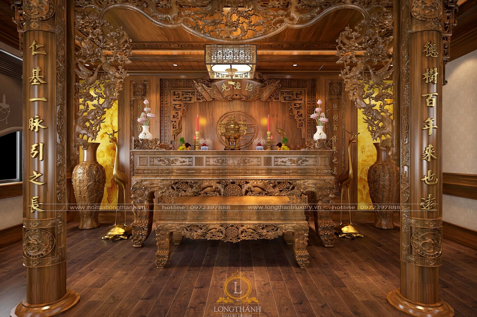 Mẫu phòng thờ tân cổ điển gỗ gõ đẹp nhất của nội thất Long Thành