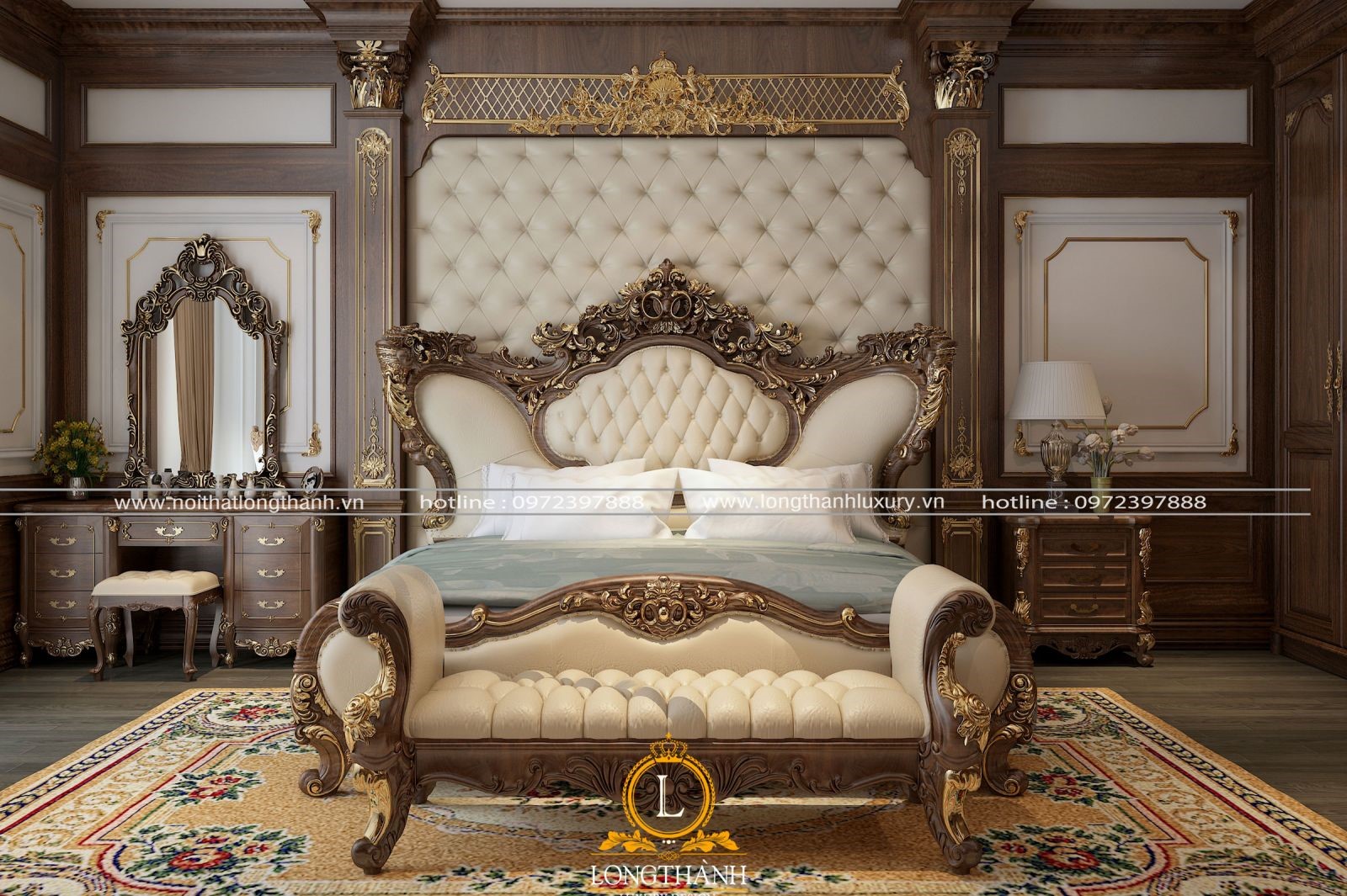 Thiết kế phòng ngủ cổ điển sử dụng chất liệu gỗ tự nhiên mạ vàng bên ngoài