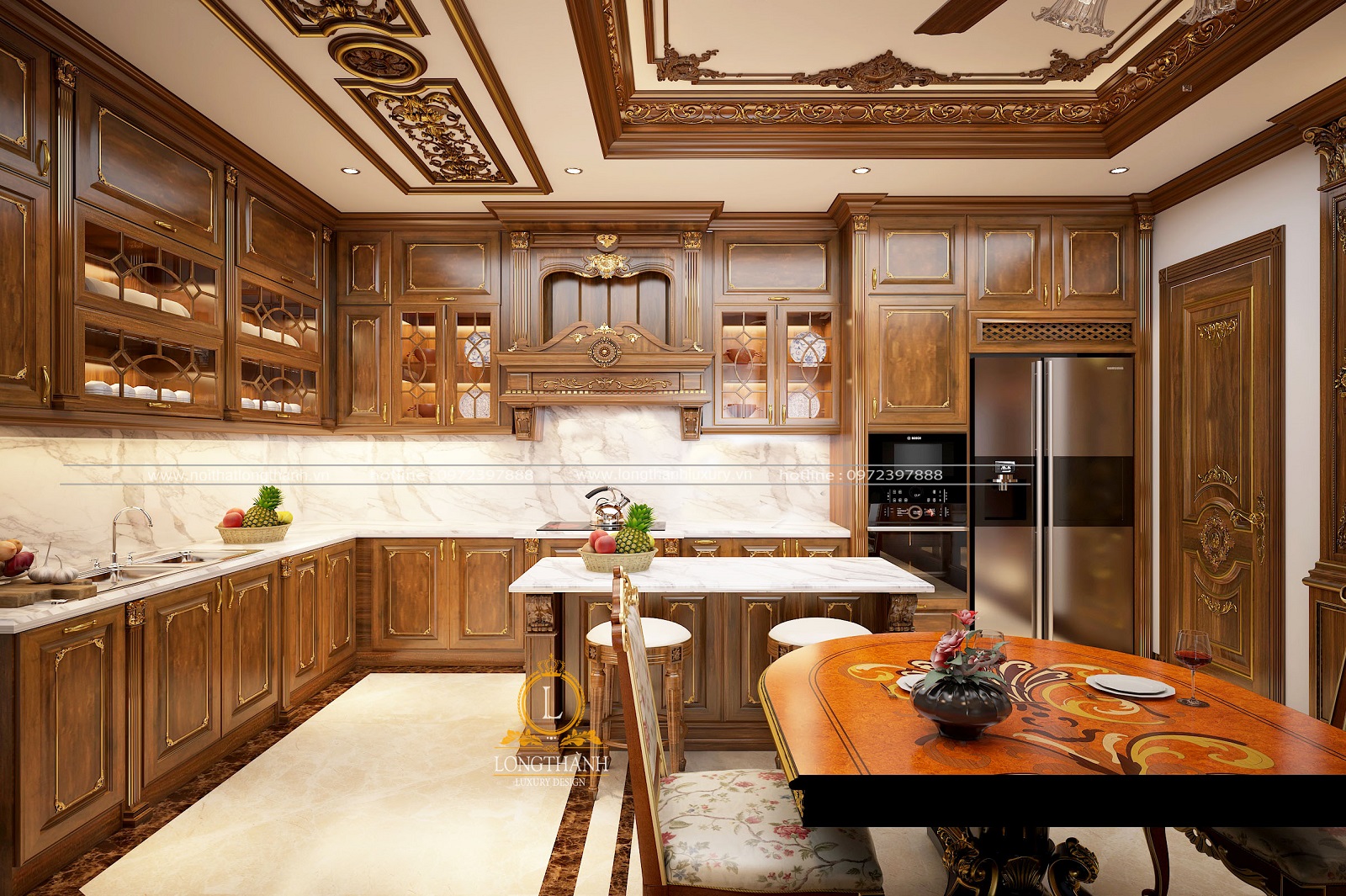 Thiết kế tủ bếp gỗ Gõ đỏ phong cách Tân cổ điển | KitchenTown