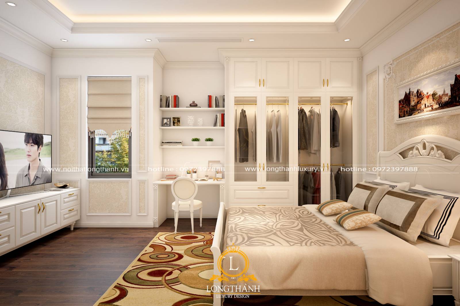 Bộ giường tủ tân cổ điển với màu sơn trắng cao cấp