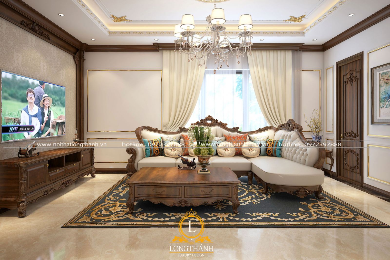 Không gian phòng khách được thiết kế theo phong cách tân cổ điển đẹp nhẹ nhàng sang trọng