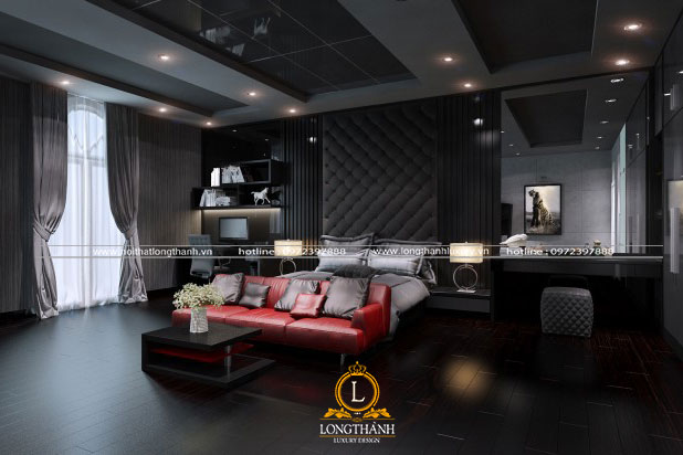 Bộ sofa đỏ nổi bật trong phòng ngủ hiện đại màu đen