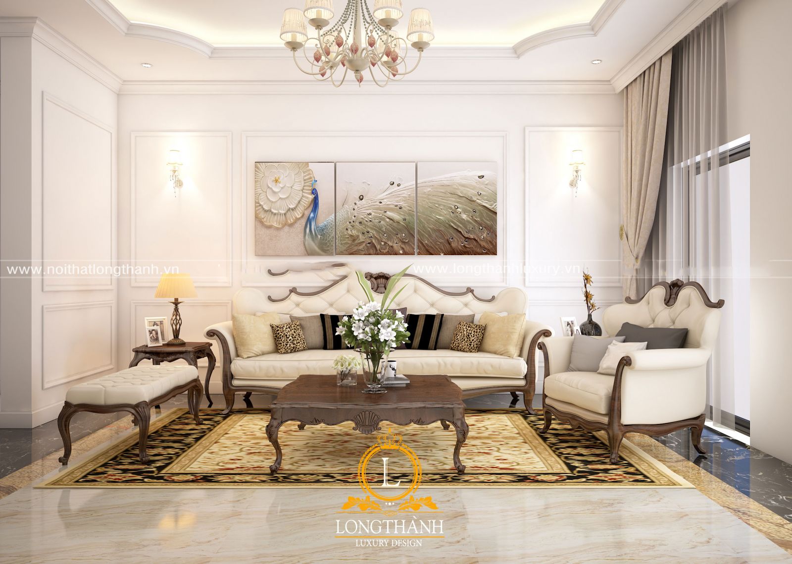Bộ sofa tân cổ điển nhẹ nhàng được thiết kế phù hợp với không gian chung cư