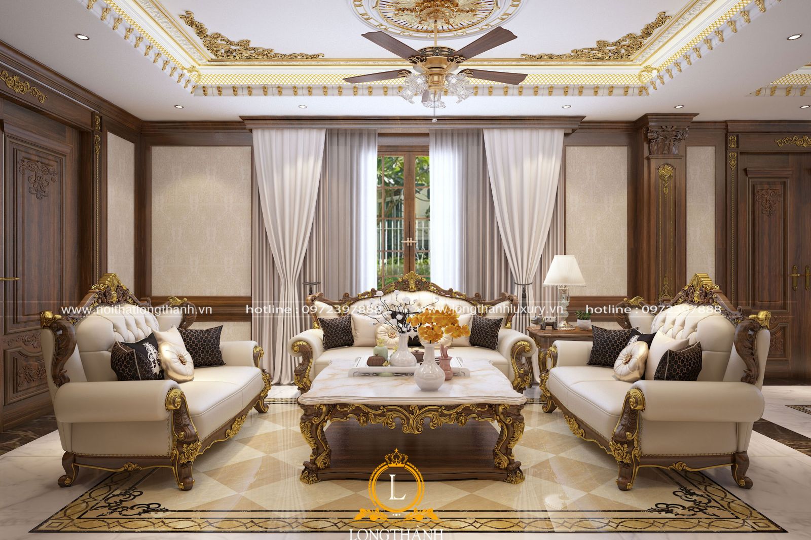 Không gian phòng khách được chạm khắc hoa văn dát vàng tinh tế mang đậm dấn ấn tân cổ điển