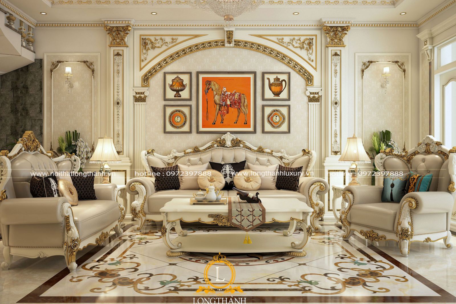 Phong cách tân cổ điển dát vàng hoa văn được lựa chọn sử dụng cho mẫu sofa phòng khách này