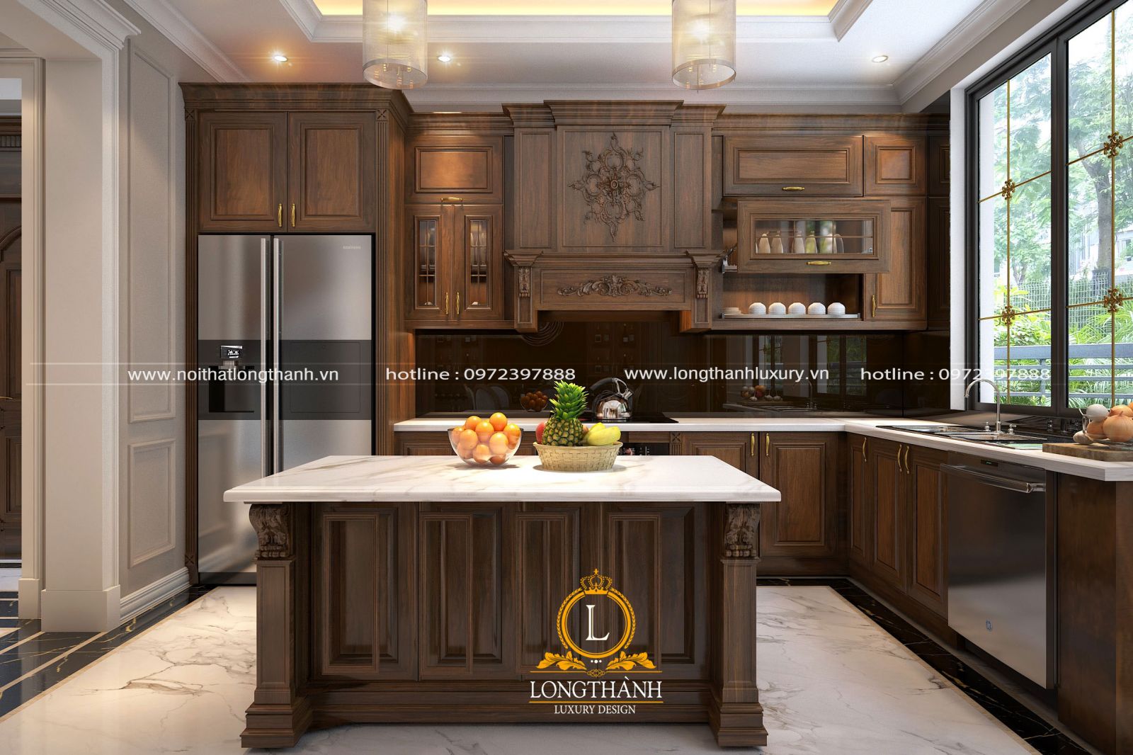 Tủ bếp tân cổ điển được thiết kế phù hợp với diện tích không gian nội thất