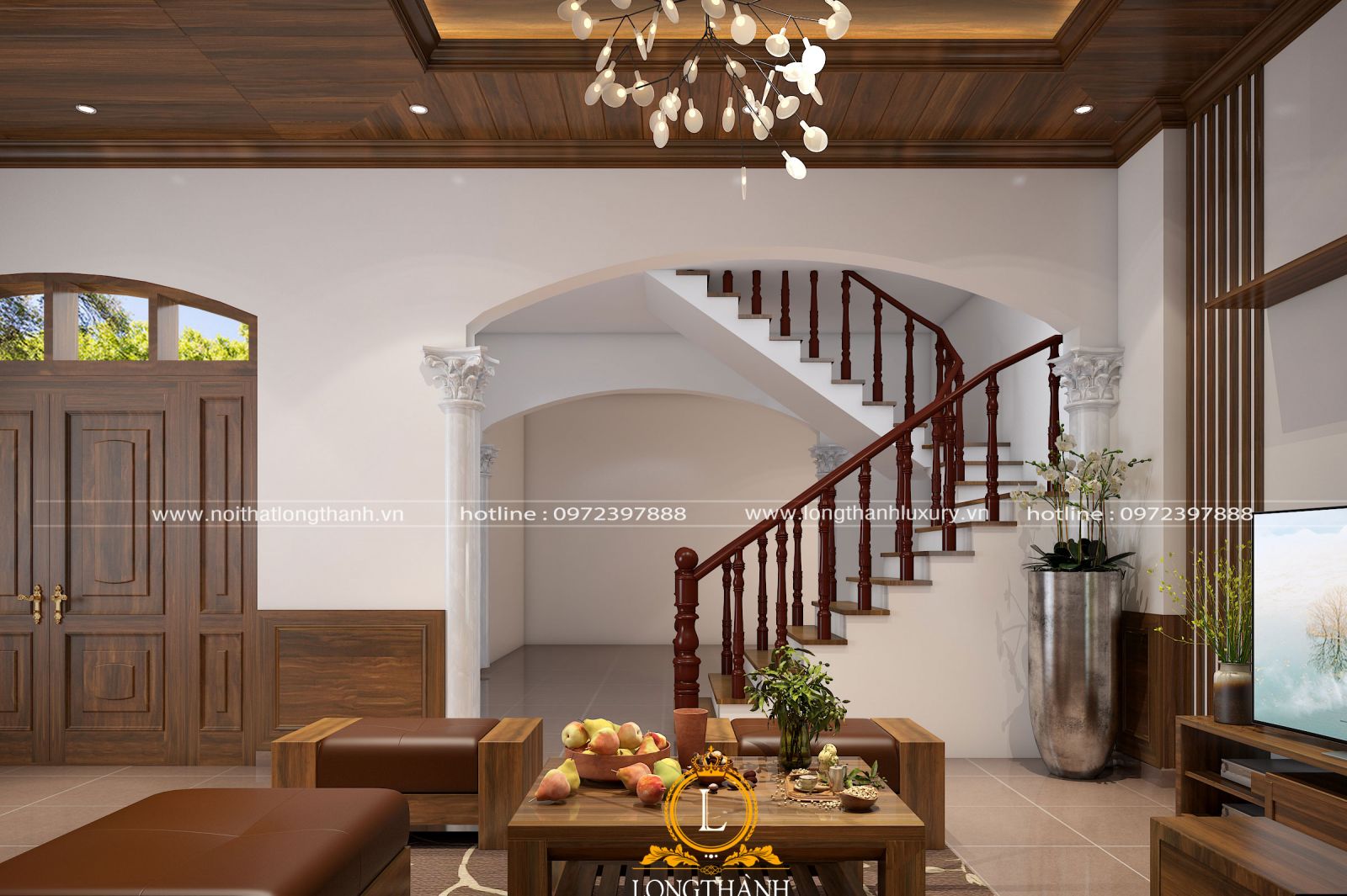 Phòng khách hiện đại đẹp được thiết kế kết hợp cùng hệ cầu thang 