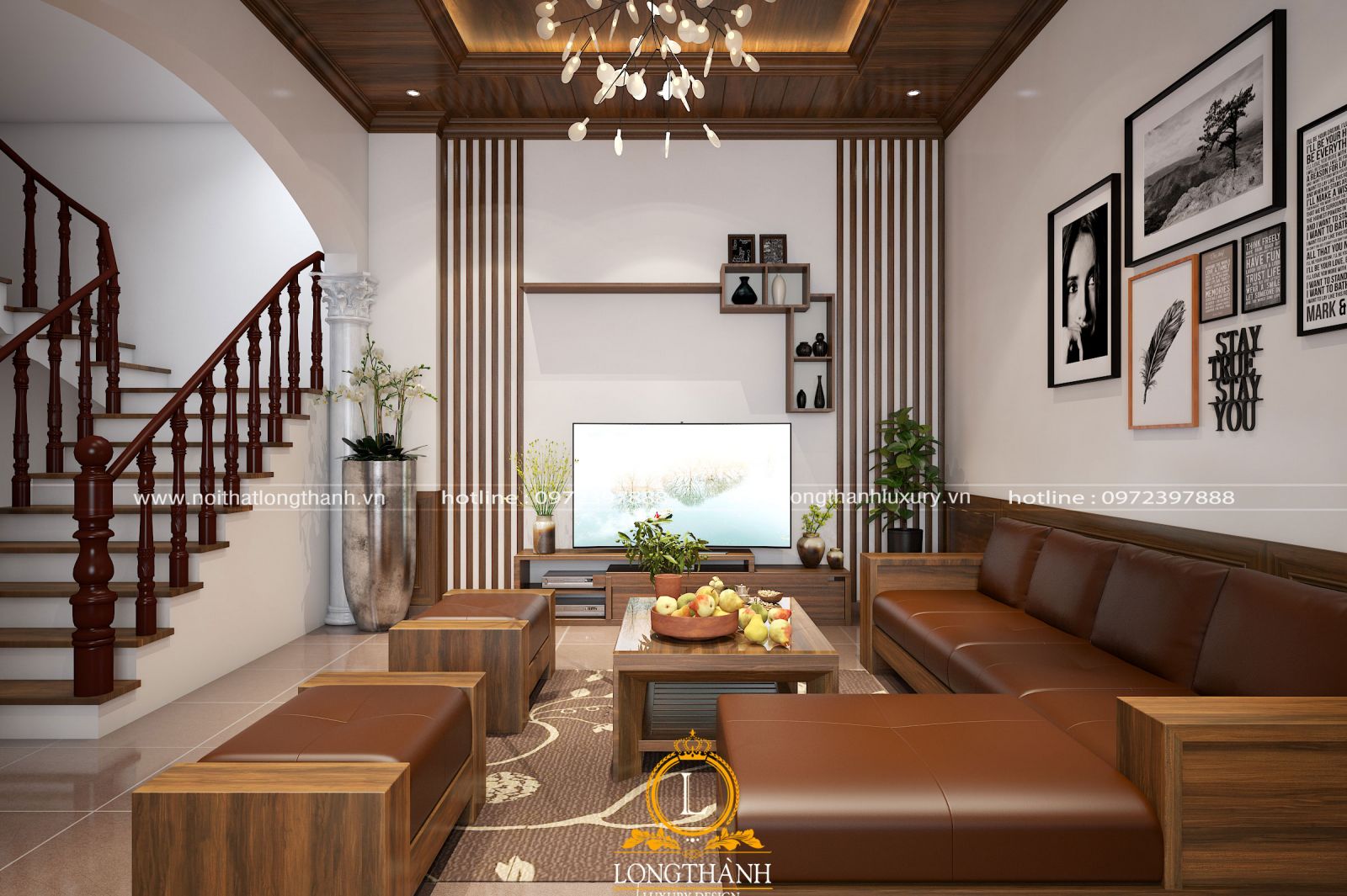 Không gian phòng khách hiện đại với  đồ nội thất và diện trần sàn lựa chọn gam màu nâu trầm