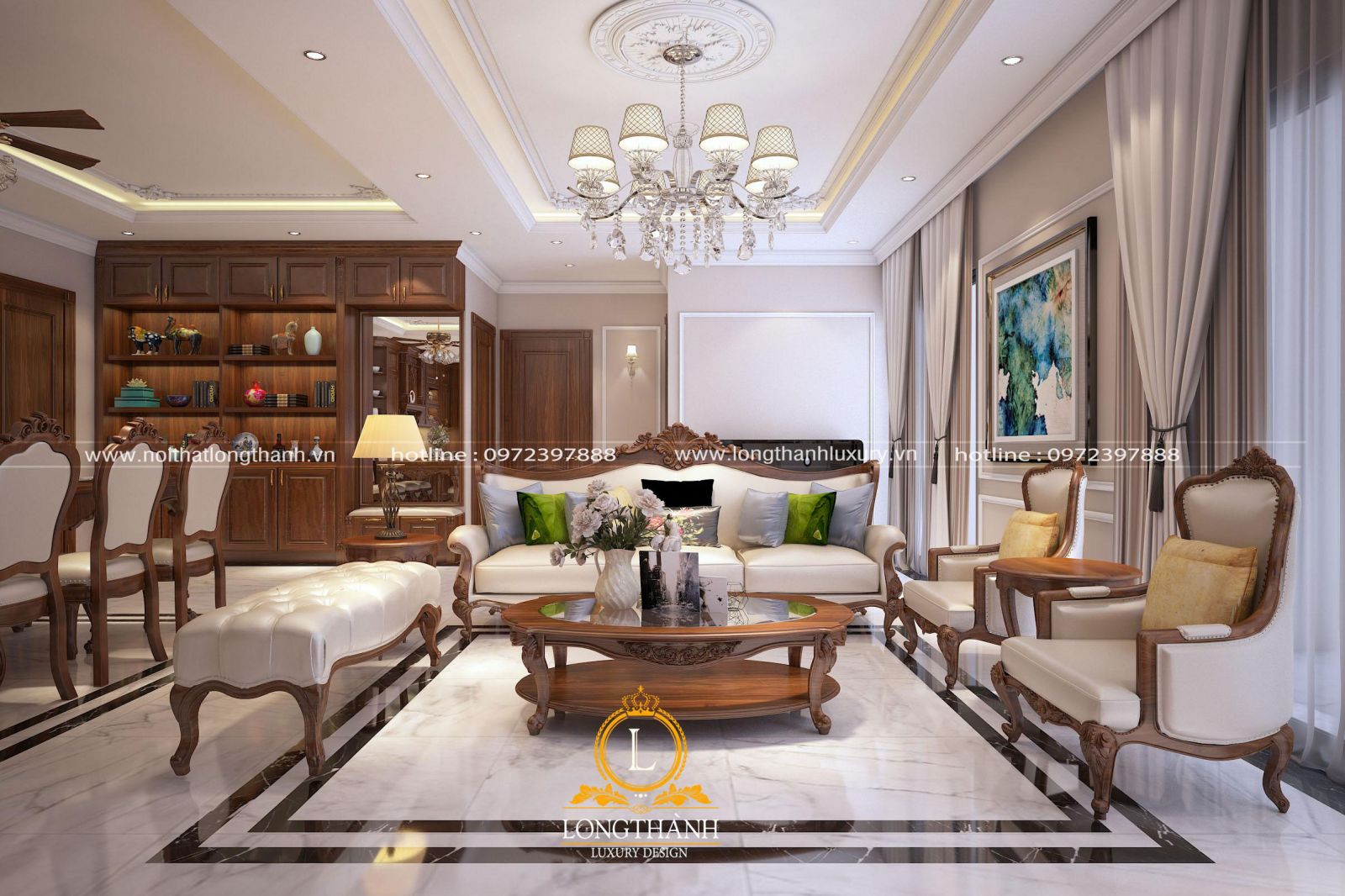 Mẫu sofa được sử dụng chất liệu cao cấp với gam màu sáng hài hòa với tổng thể không gian phòng khách