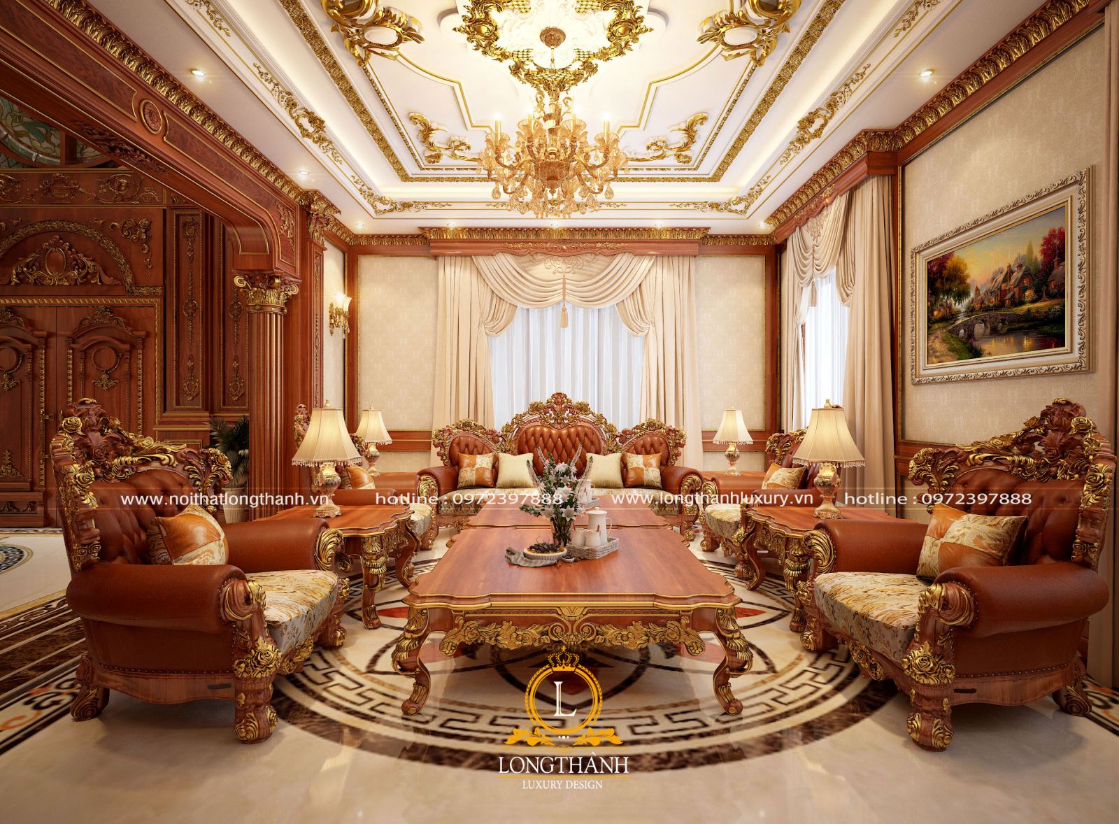 Bộ sofa mạ vàng lộng lẫy và sang trọng được lựa chọn sử dụng trong không gian phòng khách biệt thự