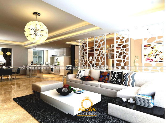 Thiết kế phòng khách nhà biệt thự phù hợp với kết cấu kiến trúc và diện tích