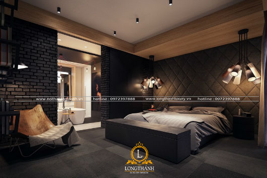 Phòng ngủ hiện đại với gam màu đen được sử dụng hệ đèn độc đáo