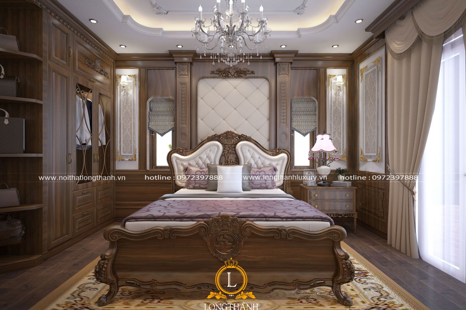 Căn phòng ngủ được thiết kế sang trọng với lối thiết kế tân cổ điển 