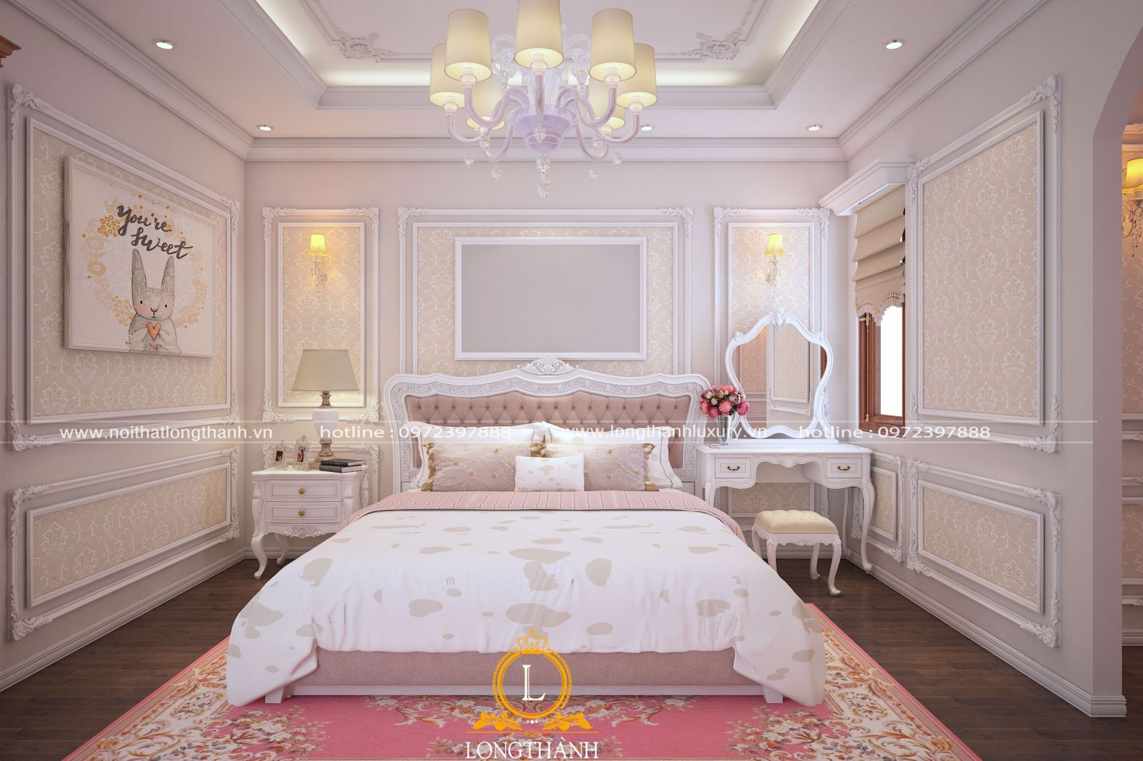 Căn phòng ngủ đẹp với gam màu trắng hồng cũng được nhiều quý cô yêu thích