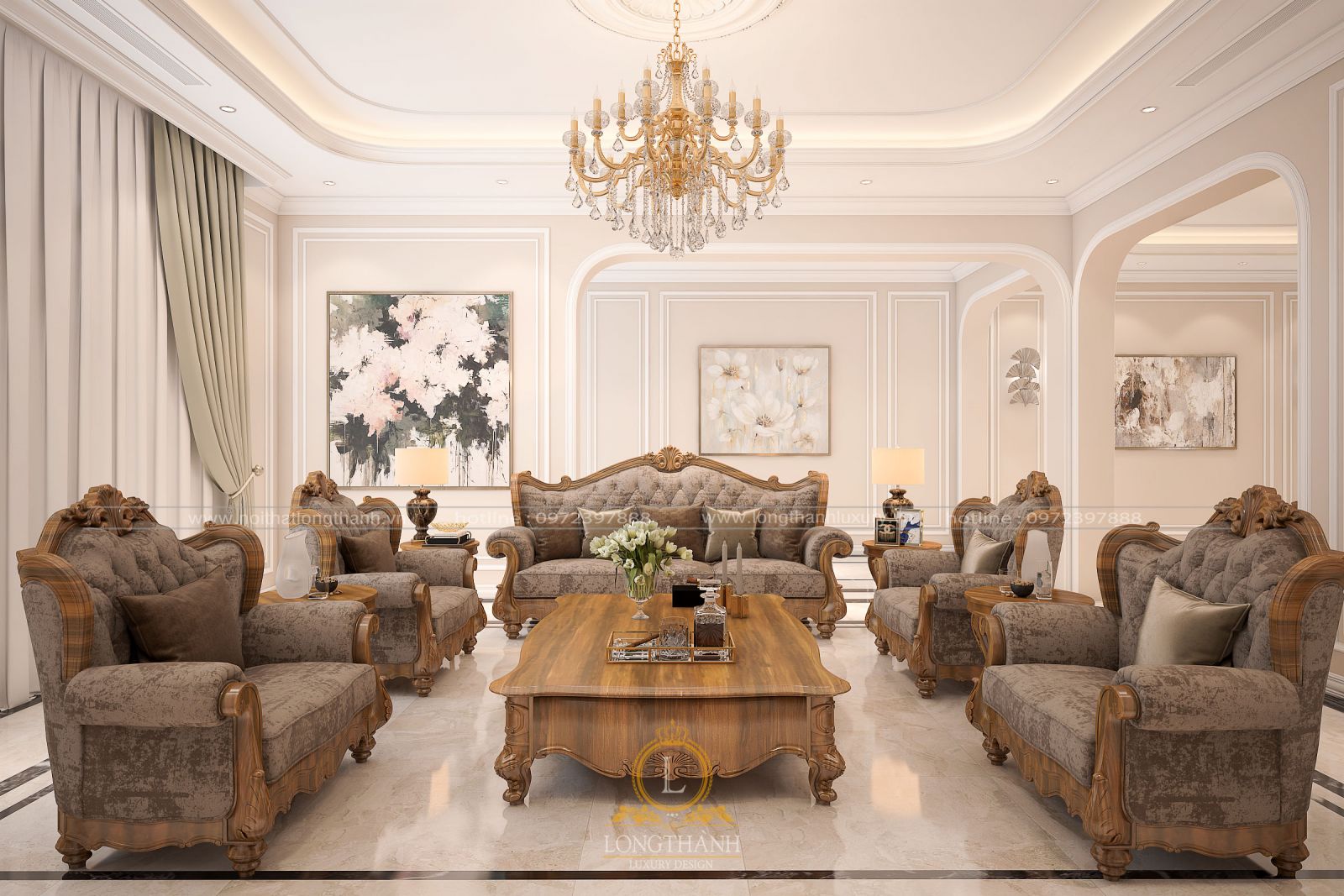 Sofa vải nỉ cao cấp đẹp cho phòng khách tân cổ điển