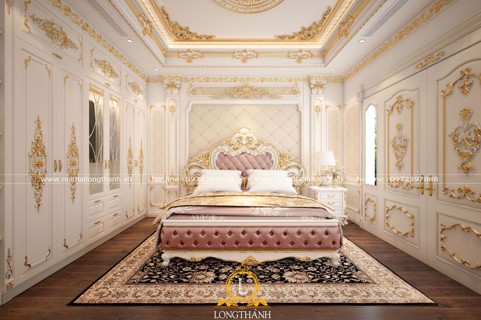Giường ngủ tân cổ điển gỗ tự nhiên được sơn trắng và mạ vàng