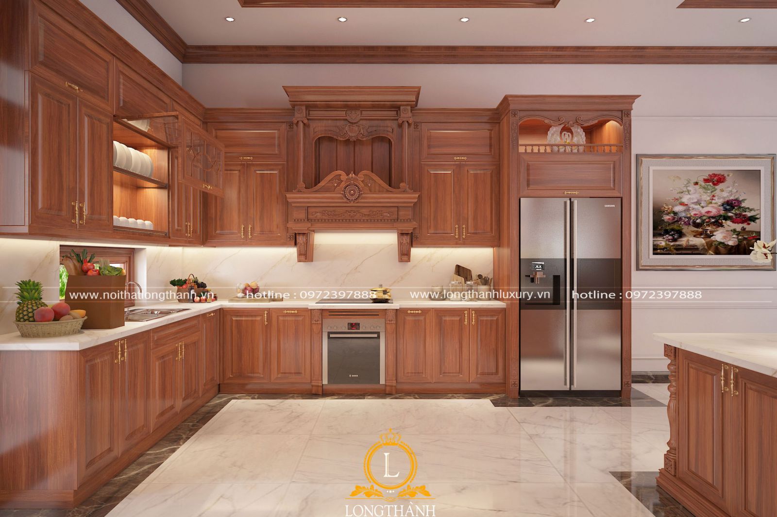 Thiết kế nội thất bếp tân cổ điển dành cho nhà phố với gỗ tự nhiên cao cấp