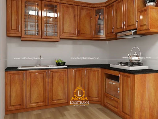 Bộ tủ bếp gỗ Sồi Mỹ nổi bật trong không gian nhà bếp