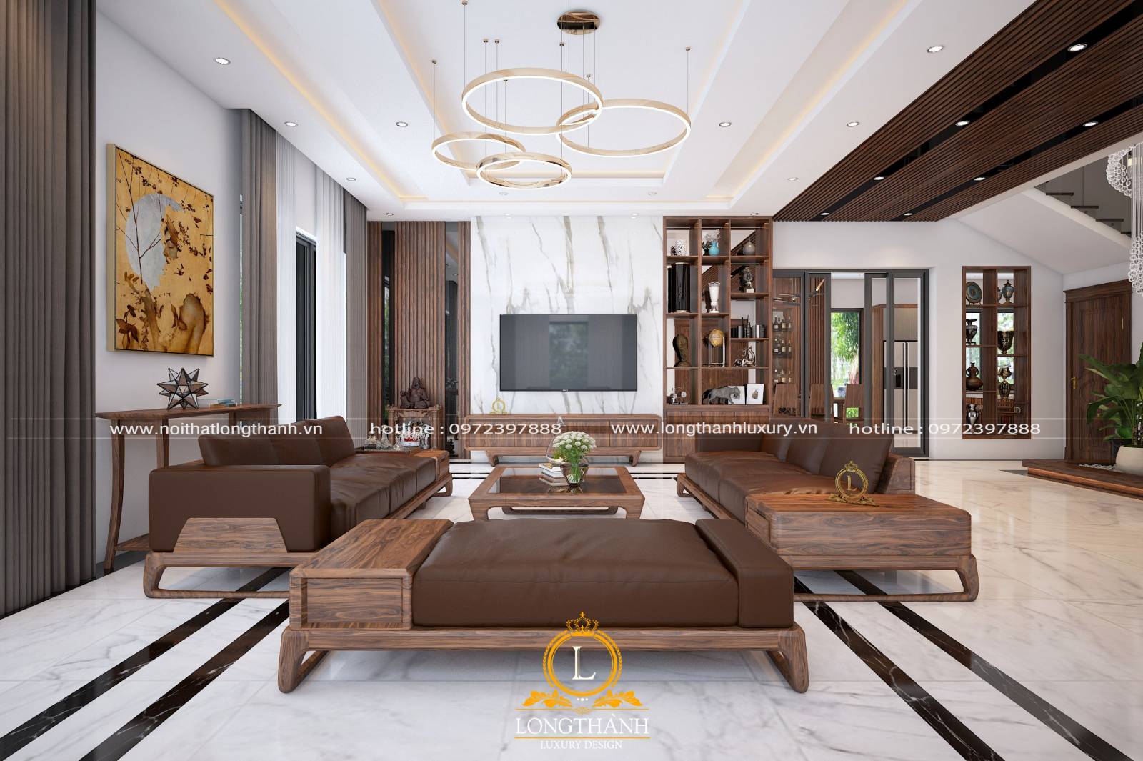 Thiết kế phòng khách biệt thự hiện đại với bộ bàn ghế sofa gỗ Sồi tự nhiên
