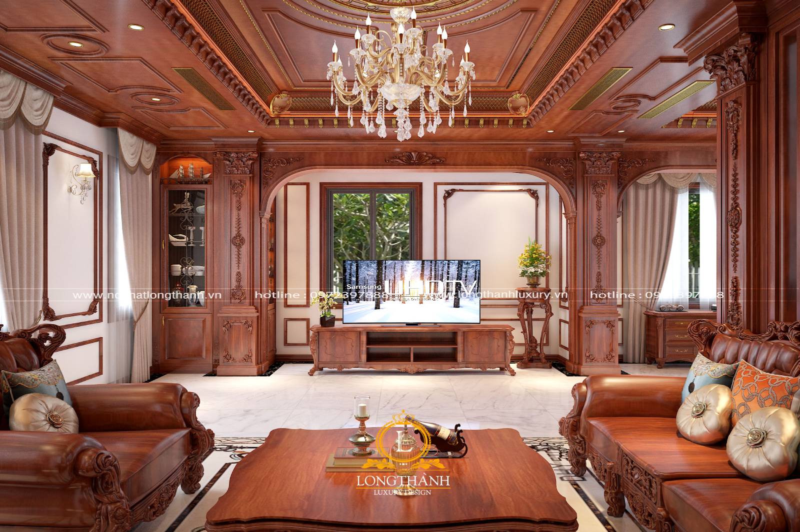 Phòng khách cổ điển với bộ bàn ghế sofa gỗ và da tự nhiên cao cấp