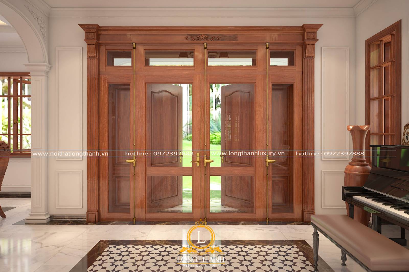 Thiêt kết cửa đinh chính bằng gỗ kính theo kiểu hiện đại cho nhà biệt thự rộng