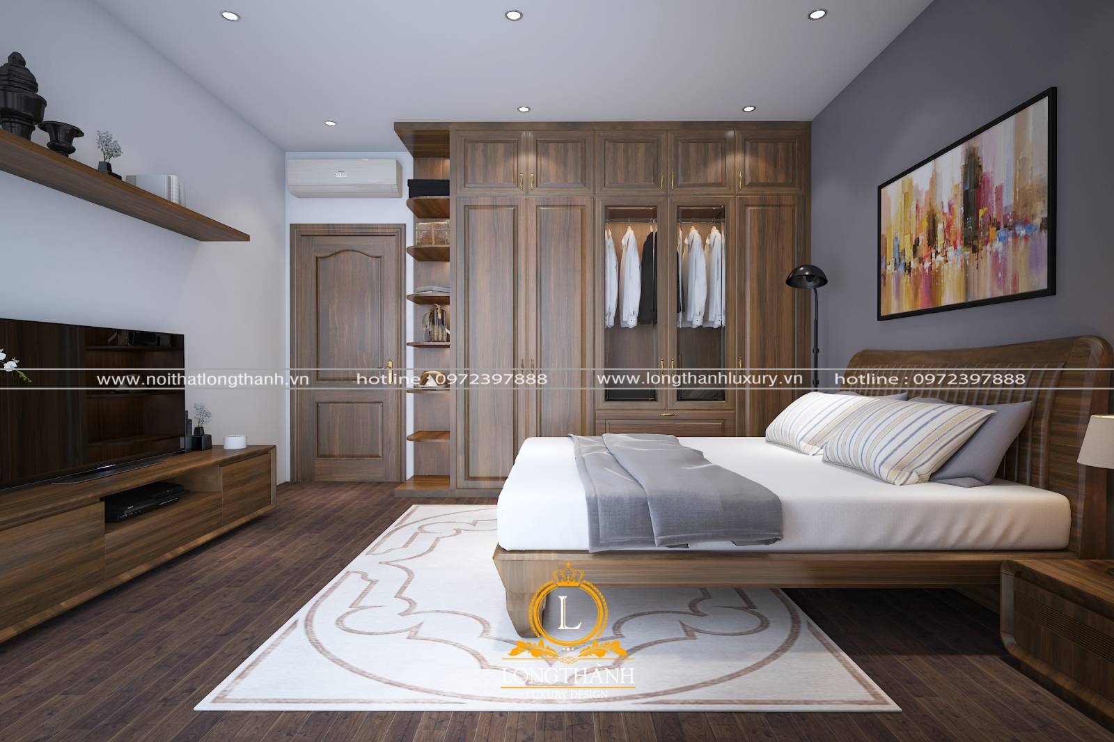 Sử dụng gam màu nâu trầm của gỗ làm cho phòng ngủ hiện đại có diện tích rộng thêm ấm cúng hơn