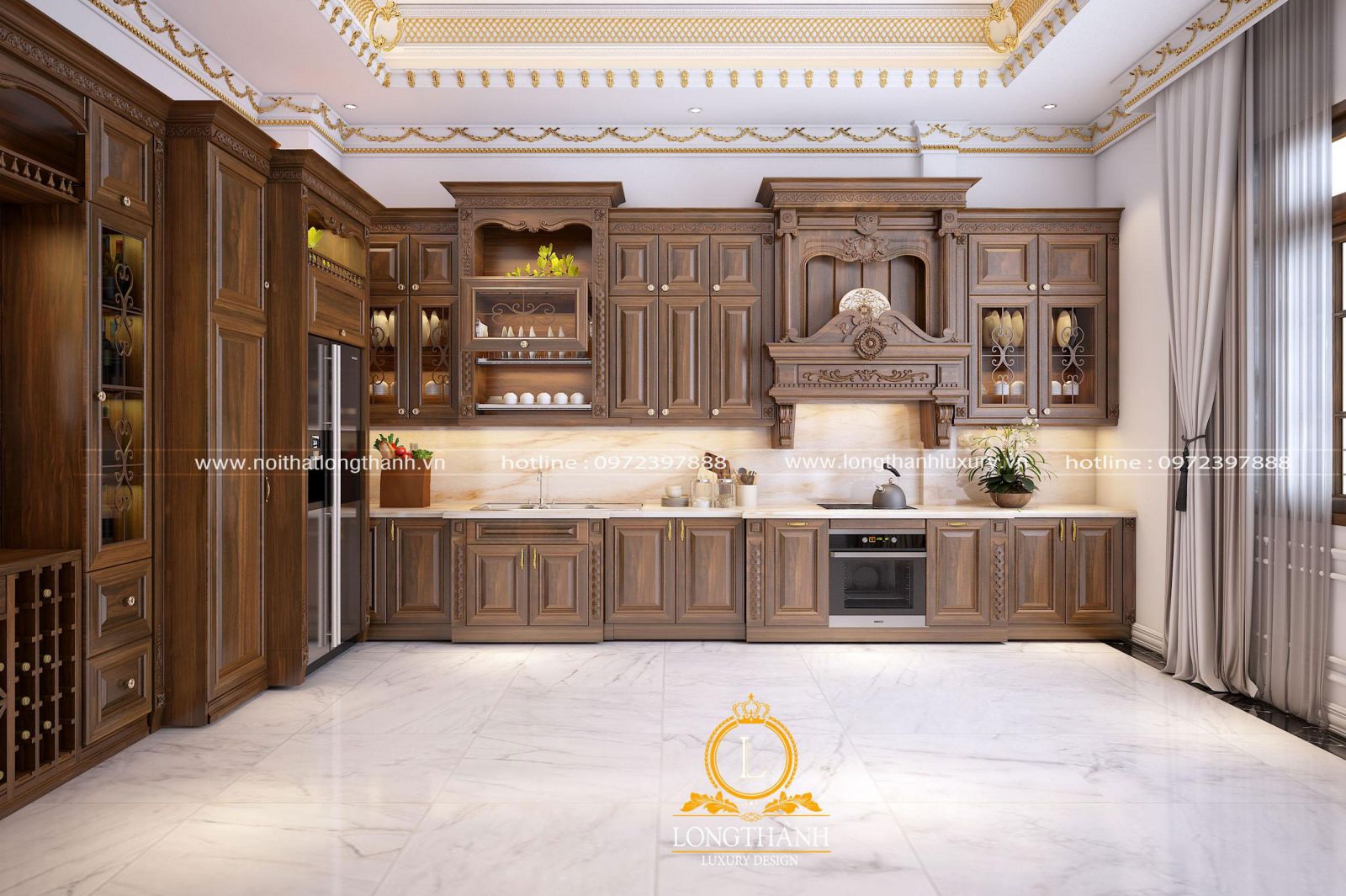 Bộ tủ bếp mang phong cách tân cổ điển vô cùng tinh tế và nổi bật trong không gian