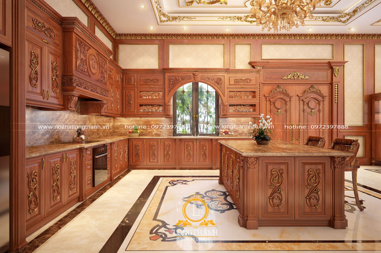 Không gian phòng bếp tân cổ điển cho biệt thự với nội thất gỗ dát vàng ấn tượng