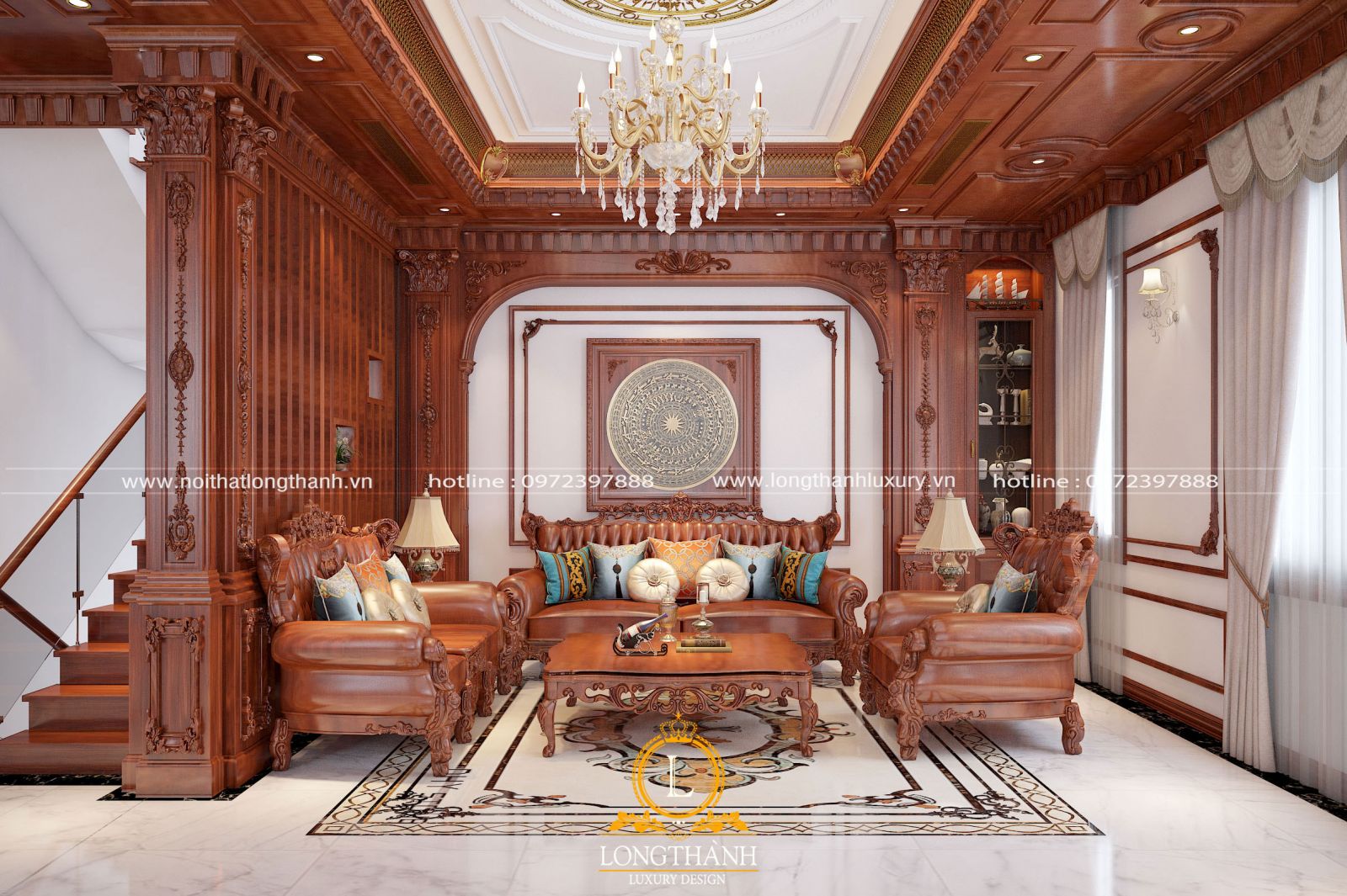 Hệ ốp trần bằng gỗ tự nhiên cho phòng khách thêm bề thế