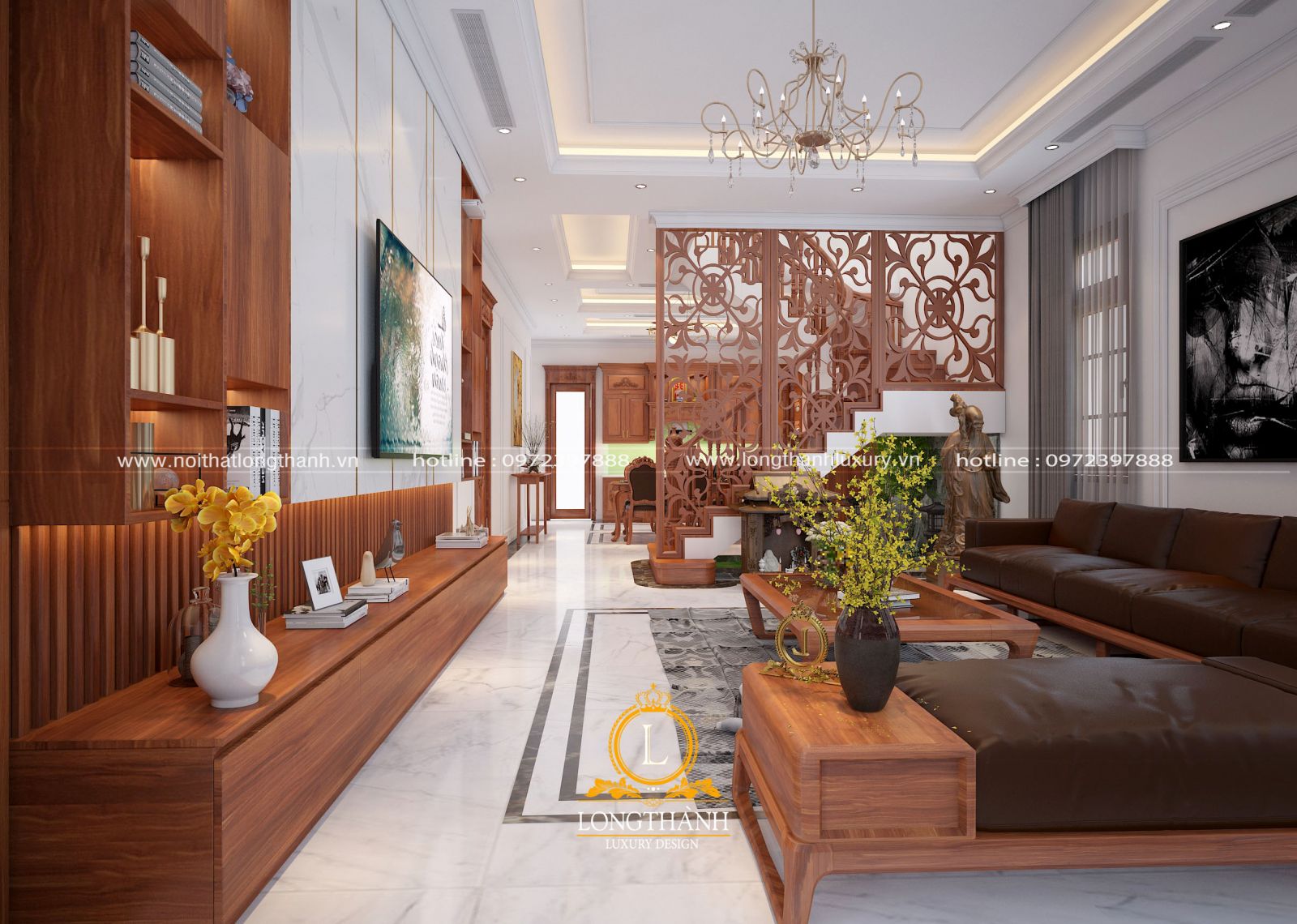 Phòng khách hiện đại liên hoàn bếp và ăn