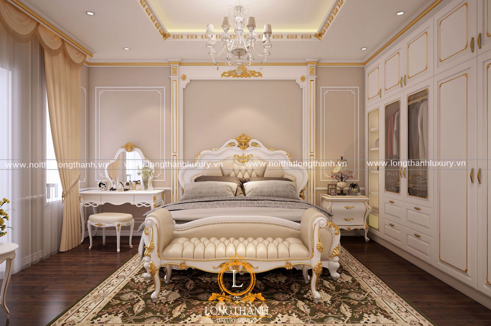 Phòng ngủ nhà biệt thự mini theo kiểu tân cổ điển sơn trắng