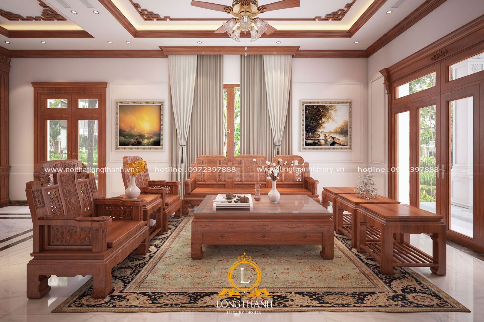 Mẫu sofa gỗ tân cổ điển hiện đại cho phòng khách biệt thự