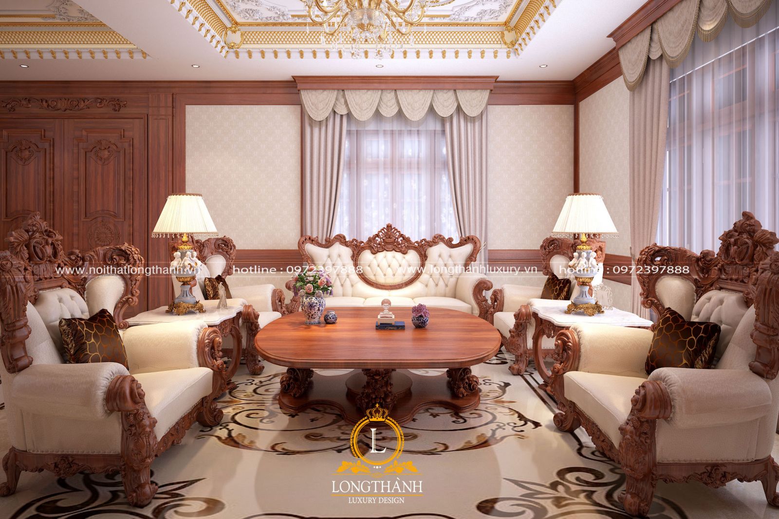 Bộ sofa phòng khách bằng gỗ đẹp theo thiết kế tân cổ điển