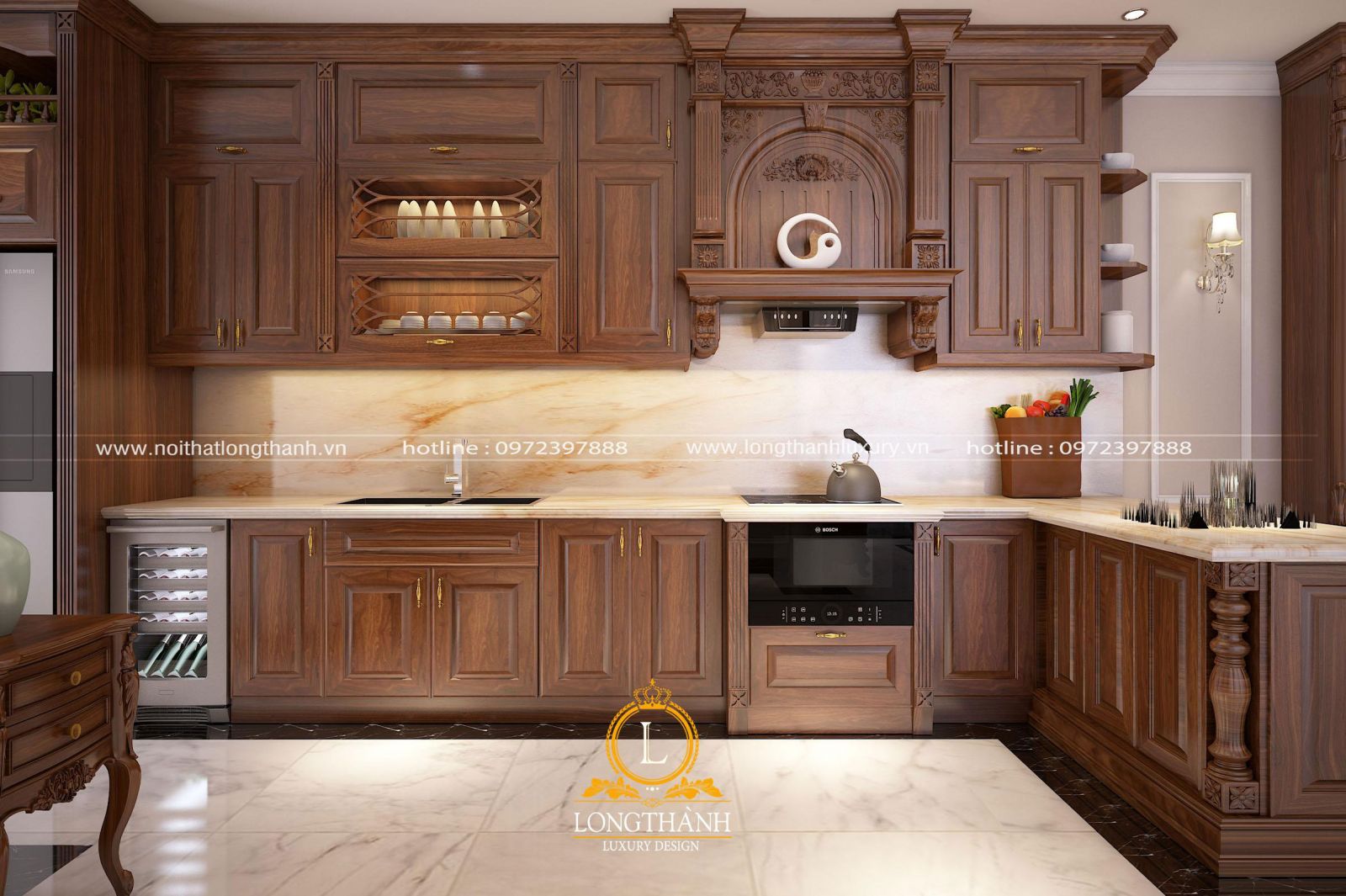 Tủ bếp tân cổ điển được làm từ gỗ tự nhiên cao cấp là thế mạnh của nội thất Long Thành