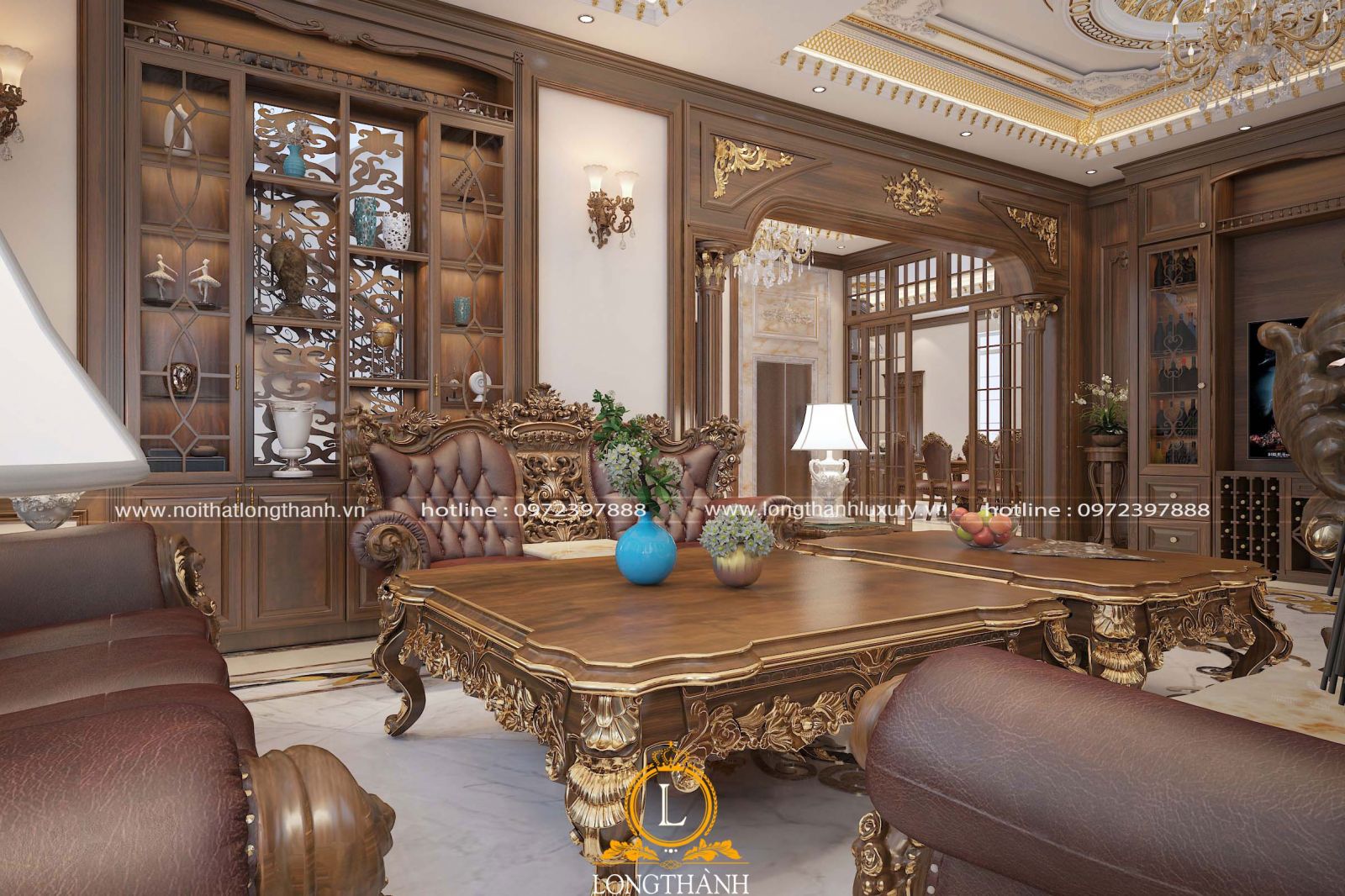 Tủ trang trí tân cổ điển gỗ tự nhiên cho phòng khách