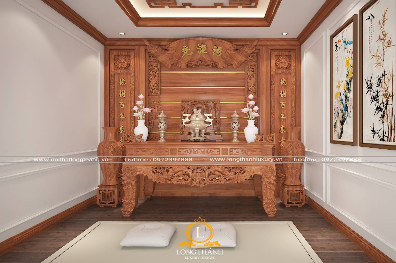 Nội thất phòng thờ được sử dụng từ chất liệu gỗ tự nhiên cao cấp