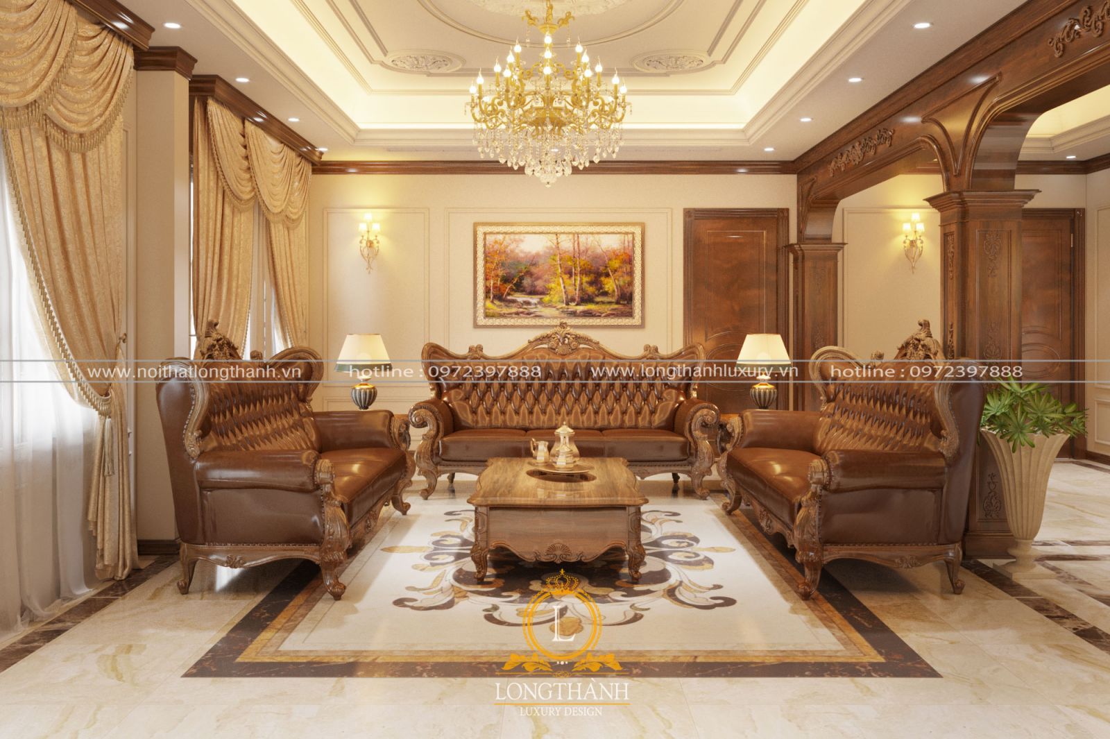 Thiết kế sofa da Simili trơn bóng theo phòng cách tân cổ điển
