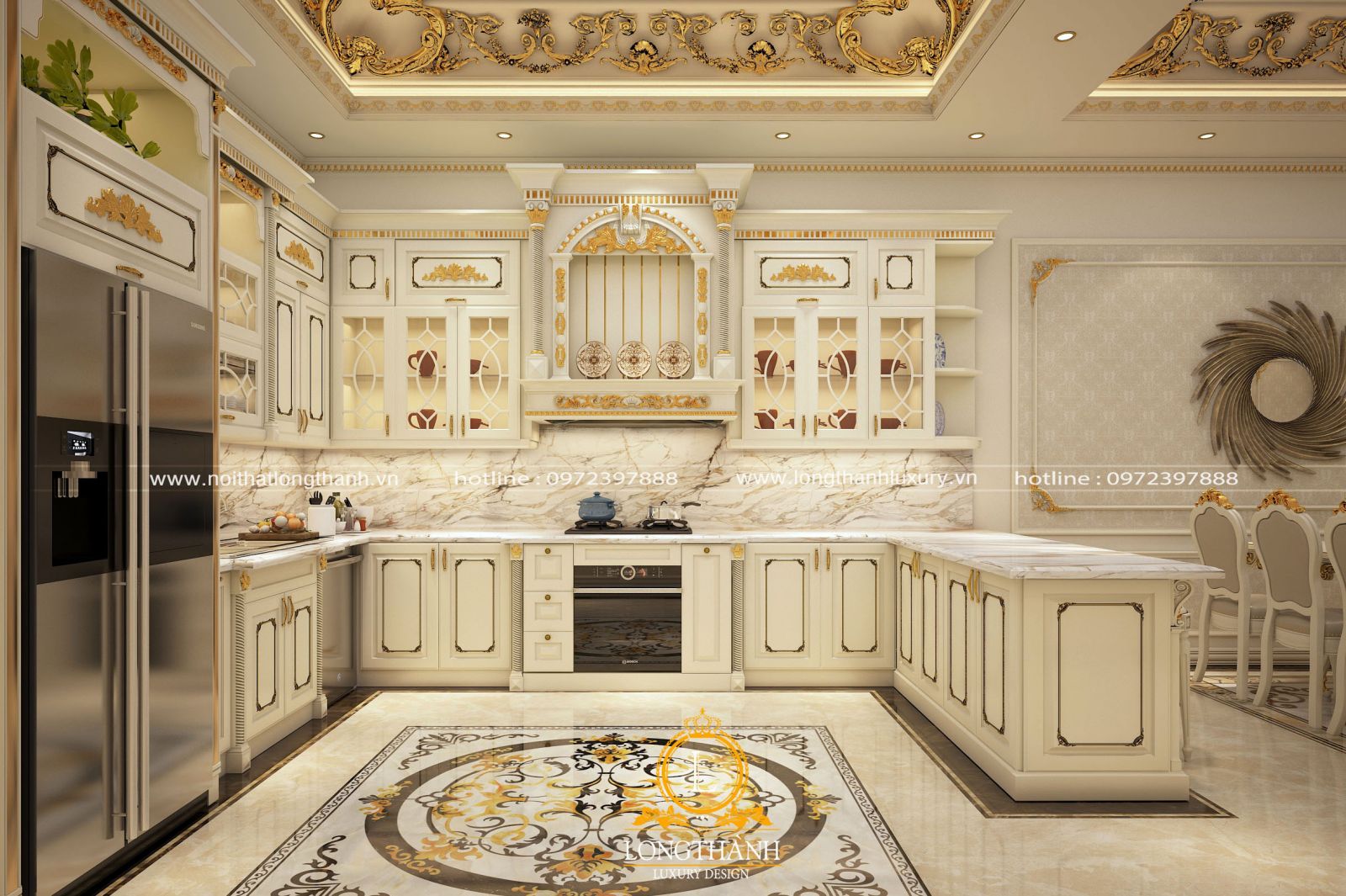 Tủ bếp tân cổ điển sơn trắng tiện lợi và đầy đủ công năng