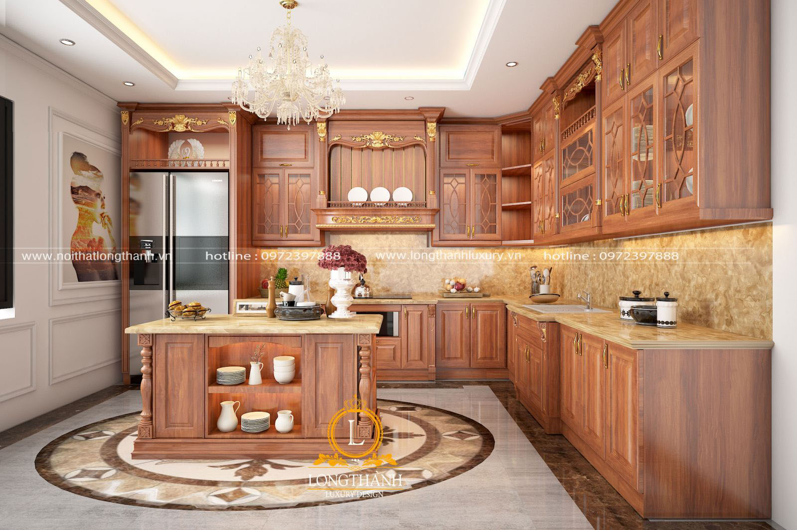 Phòng bếp nhà phố đẹp lộng lẫy với mẫu tủ bếp tân cổ điển kết hợp đá Hoa Cương