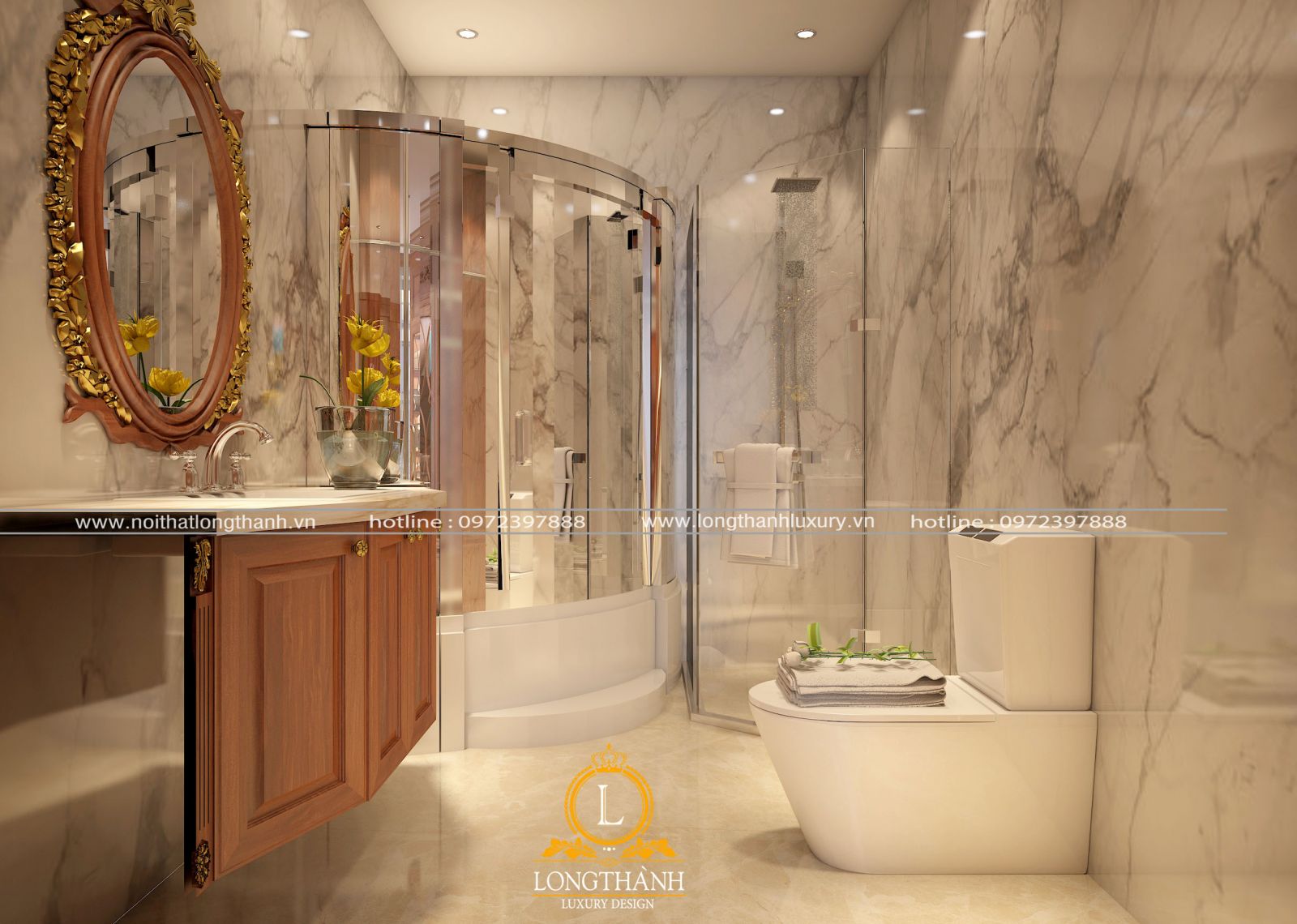 Nội thất phòng tắm tân cổ điển được thiết kế tối giản phù hợp với nhiều phong cách thiết kế từ nhà phố, chung cư, biệt thự.