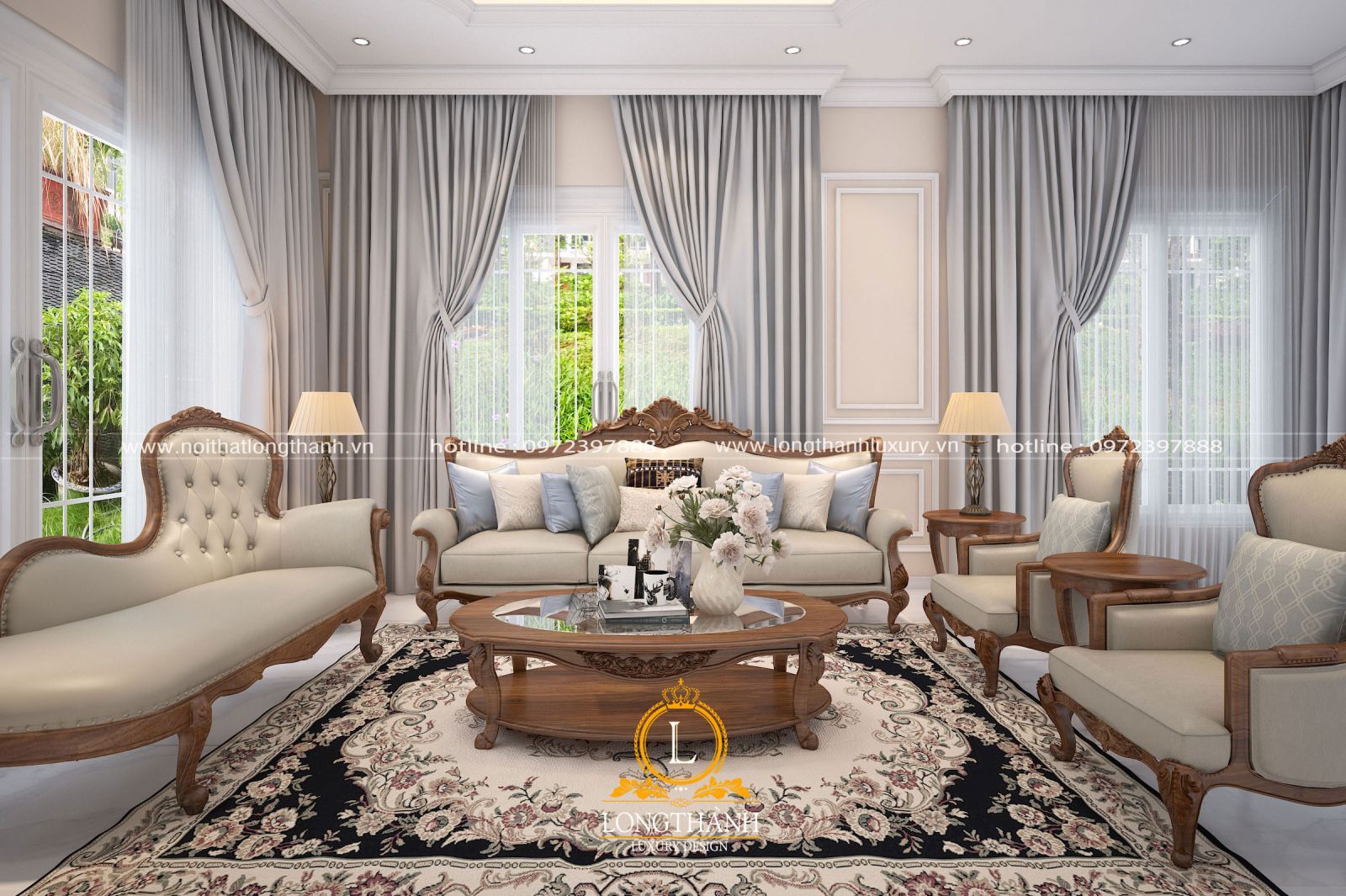 Phòng khách nhà biệt thự đẹp với mẫu thảm trải sàn độc đáo