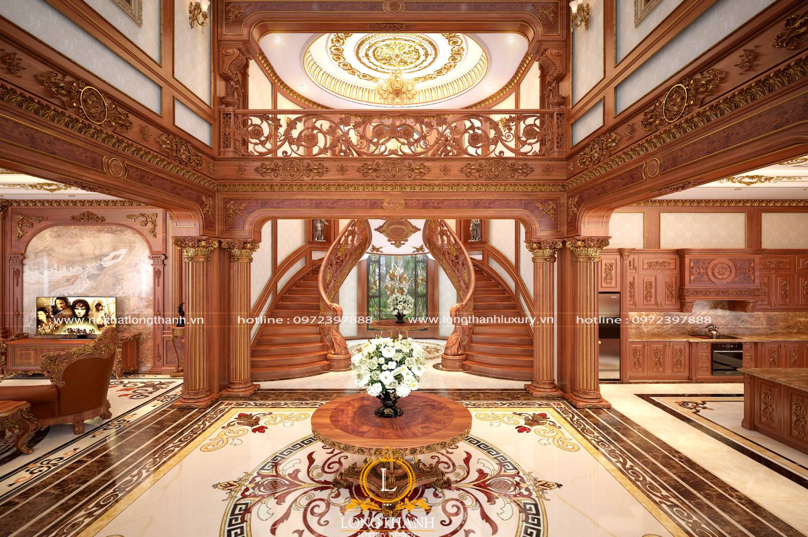 Phòng khách có cầu thang được thiết kế theo kiểu cổ điển truyền thống