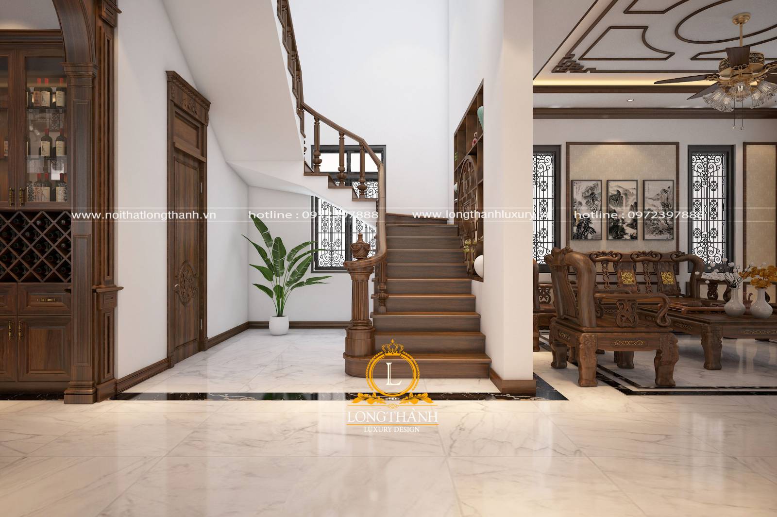 Phòng khách có cầu thang là thiết kế thường gặp ở nhà biệt thự