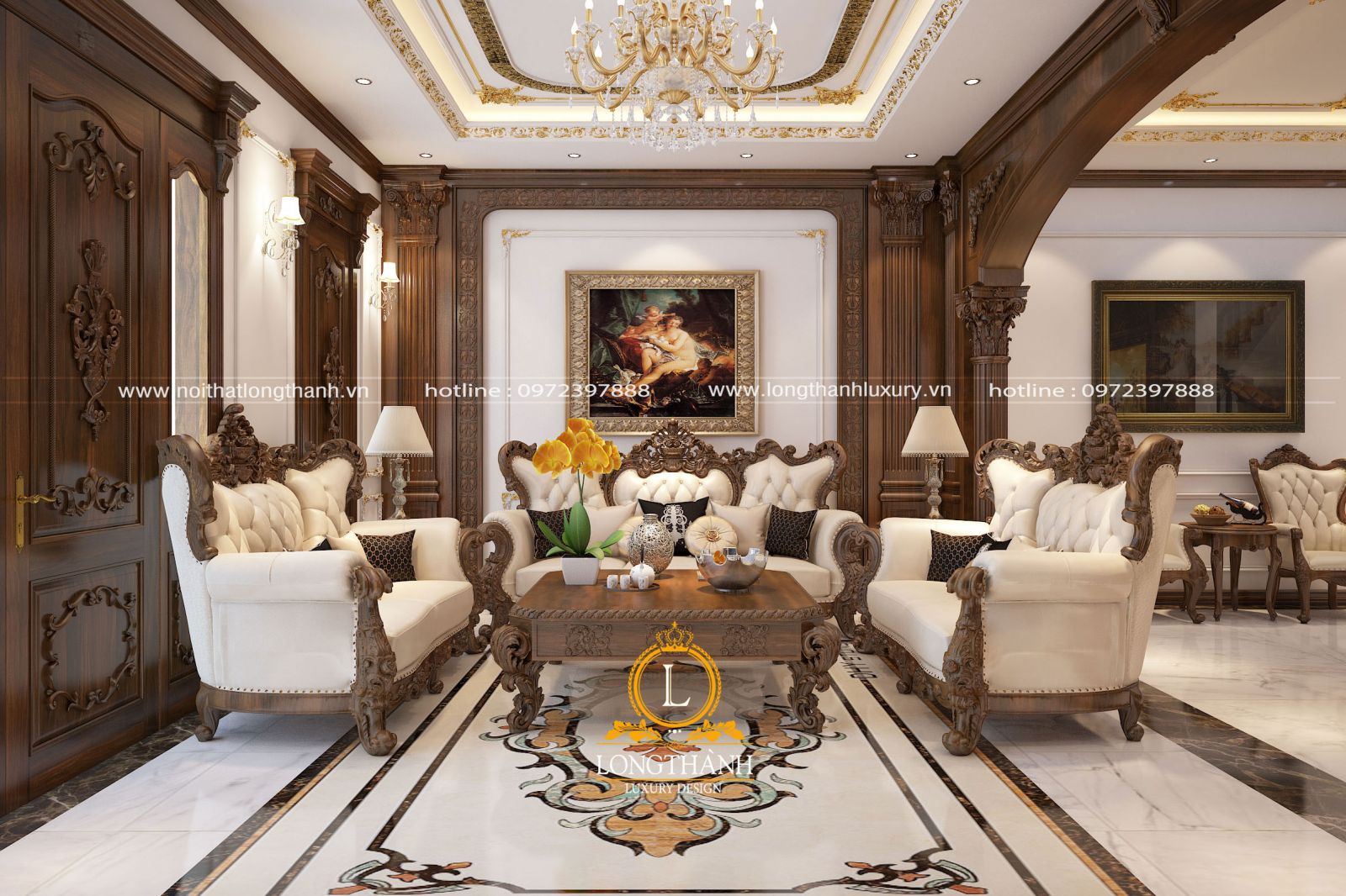 Mẫu sofa tân cổ điển chạm khắc cầu kỳ được lựa chọn sử dụng trong không gian phòng khách biệt thự