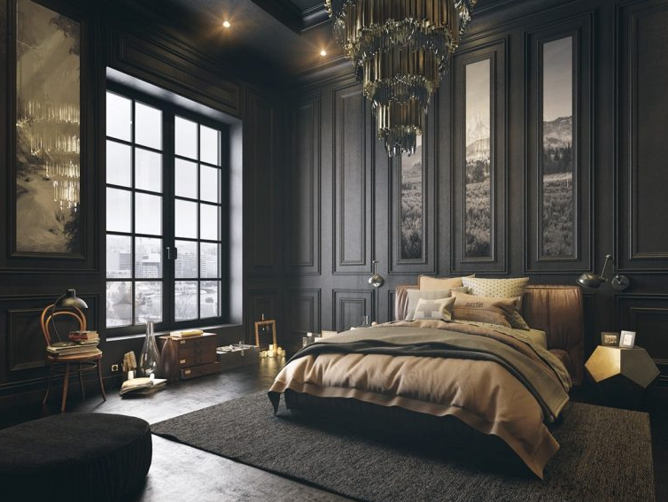 Phòng ngủ cổ điển với gam màu tối