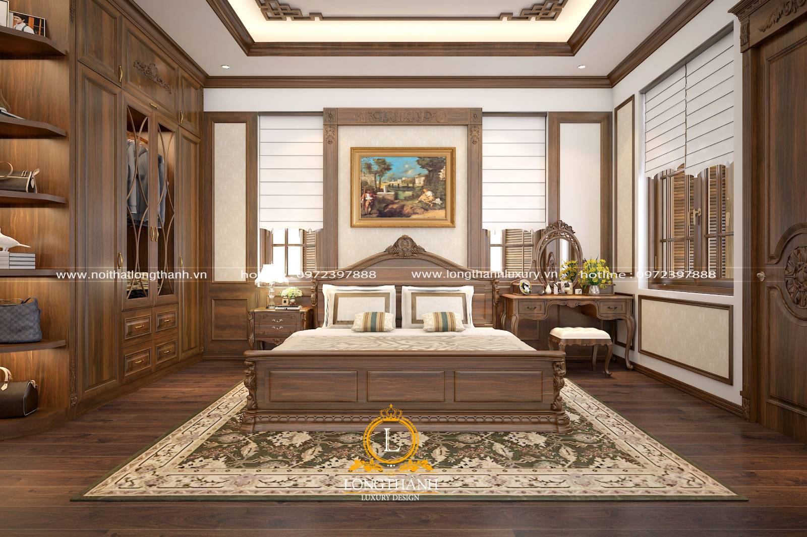 Phòng ngủ master tân cổ điển có diện tích lớn được bài trí hài hòa