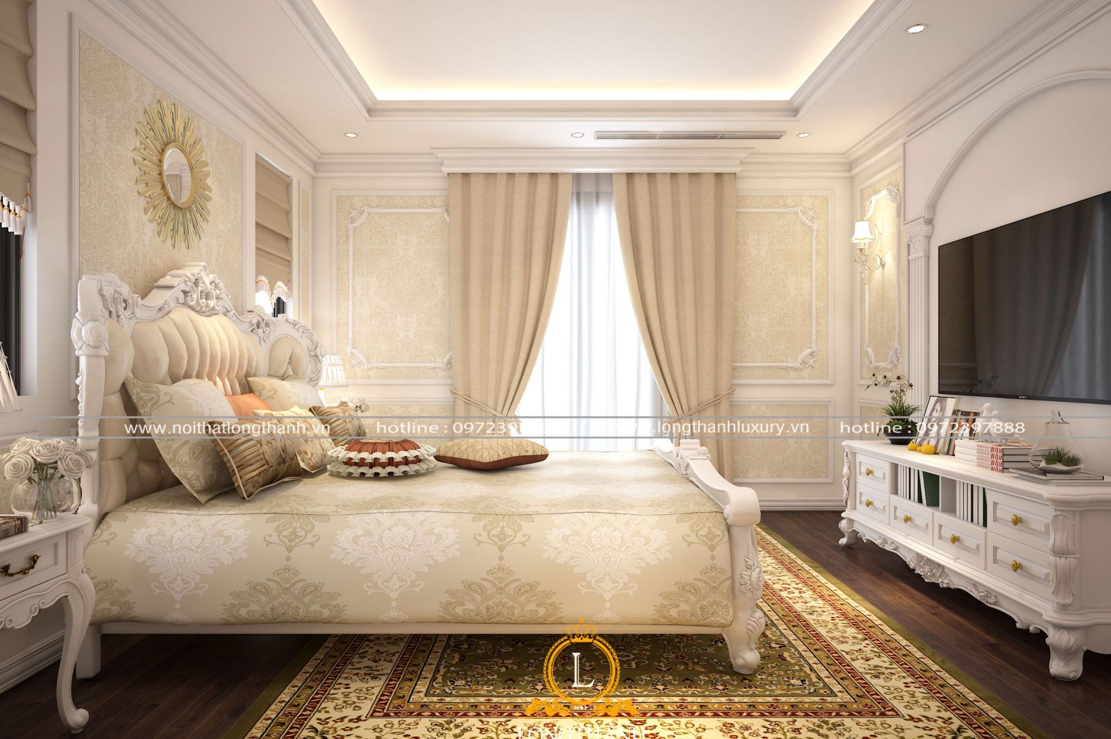 Căn phòng ngủ màu trắng sữa được thiết kế đồ nội thất và trang trí không gian cân xứng